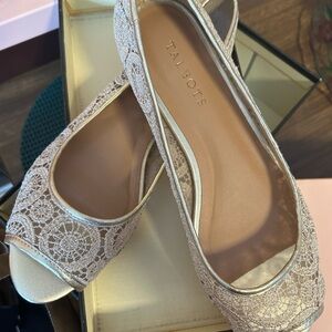 Talbots gold open toed embroidered, lace slip ins